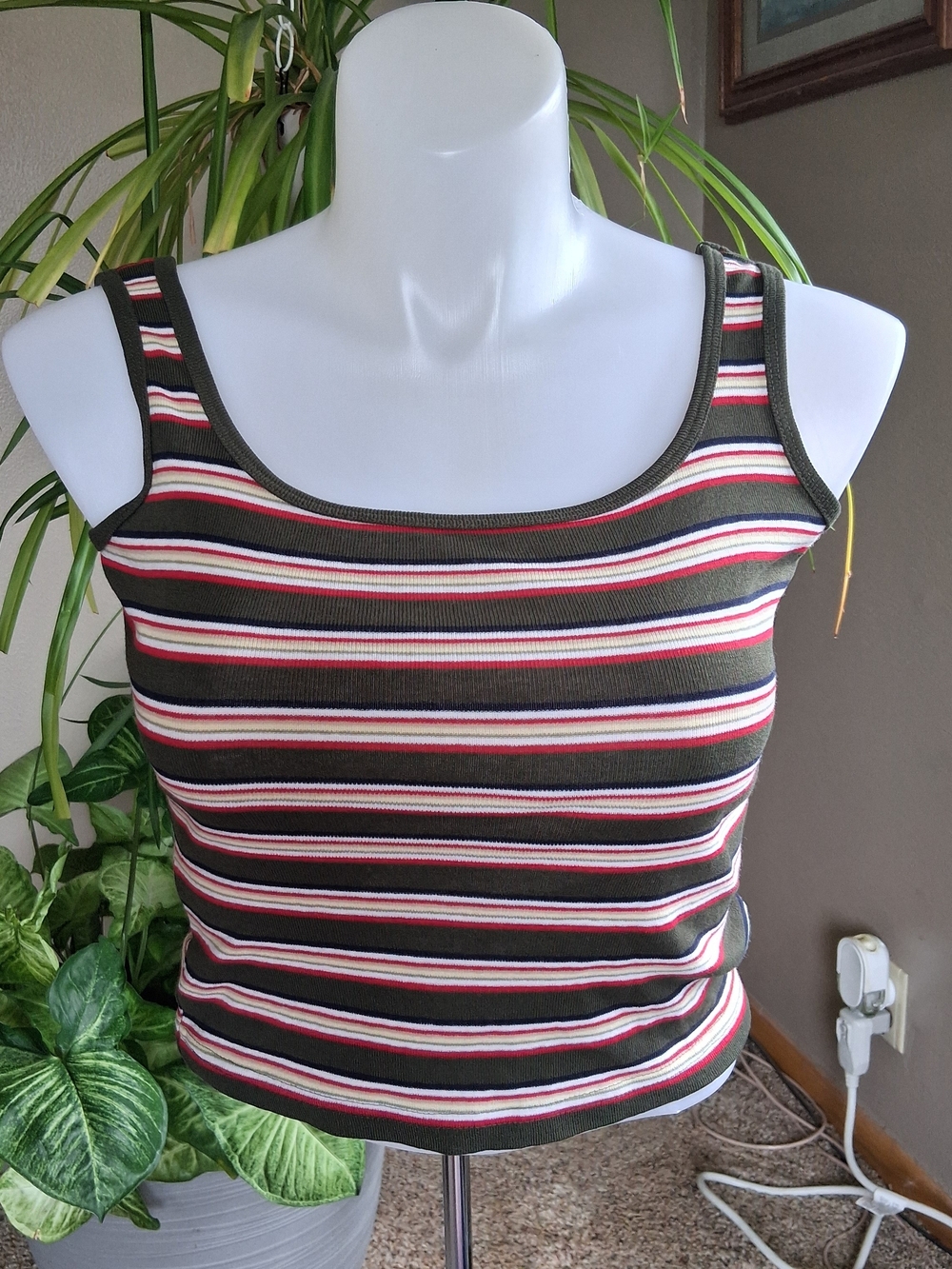 Vintage Y2K Jordache Olive Green Striped Scoop Neck Tank Grunge 90s Boho Indie